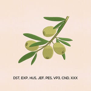 May include: An embroidered olive branch with green leaves and olives in various shades of green. The image includes the text "DST, EXP, HUS, JEF, PES, VP3, CND, XXX" at the bottom. The design is set against a light peach background.