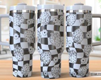 May include: Three stainless steel tumblers with a black and white checkered pattern and a strawberry and flower design. The tumblers have a lid and a handle. "Seamless Design" is printed on the bottom right corner of the image.