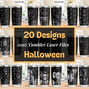 Pu&ograve; includere: Una collezione di 20 bicchieri neri con vari motivi di Halloween incisi al laser in bianco, tra cui fantasmi, zucche, case infestate e pipistrelli. Il testo centrale recita 20 Designs 20oz Tumbler Laser Files Halloween.