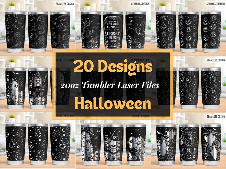 Pu&ograve; includere: Una collezione di 20 bicchieri neri con vari motivi di Halloween incisi al laser in bianco, tra cui fantasmi, zucche, case infestate e pipistrelli. Il testo centrale recita 20 Designs 20oz Tumbler Laser Files Halloween.