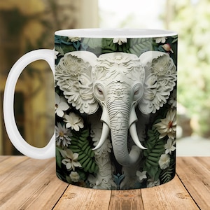 3D Elephant Mug, Paper Art Elephant Mug Design, 3D Mug PNG, 11oz Mug & 15oz Mug Sublimation Wrap, Digital Download