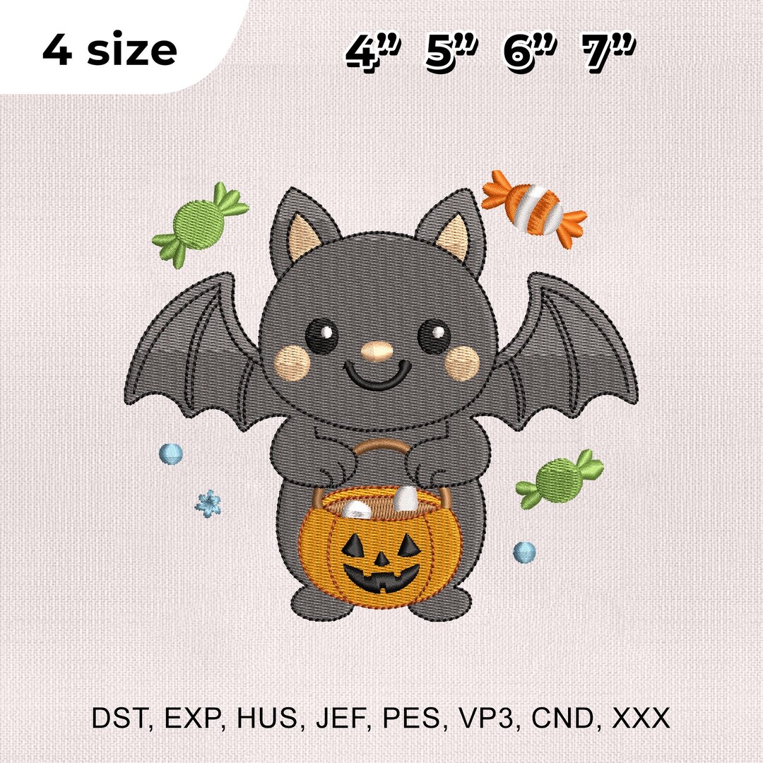 4 Size Cute Bat Embroidery Design, Halloween Bat Embroidery Design ...