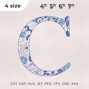 Chinoiserie Letter C Embroidery Font, Chinoiserie Machine Embroidery Font, Blue Floral Embroidery Font, Monogram Letters Embroidery