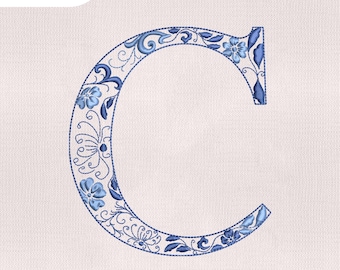 Fuente de bordado chinoiserie con la letra C, fuente de bordado chinoiserie a máquina, fuente de bordado floral azul, letras de monograma bordadas