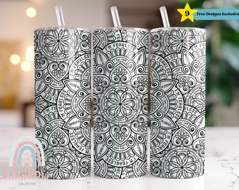May include: Three stainless steel tumblers with a black and white mandala design. Each tumbler has a straw and the words "I'M FEARLESS", "I GOT THIS", and "I'M STRONG" are printed on the tumbler.