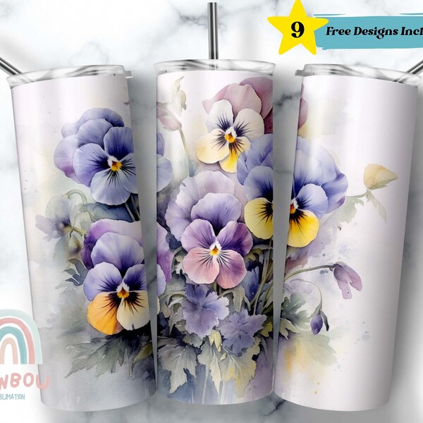 Pansies Tumbler Wrap, Flower Tumbler, Pansies Tumbler Design, Sublimation Tumbler, Design Download - Skinny 20oz Tumbler Wrap