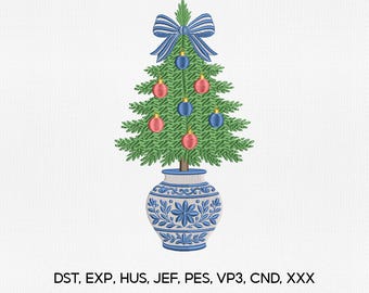 Disegno per ricamo di albero di Natale in stile cinese, disegno per ricamo di vaso con albero di Natale, file PES di Natale, file per macchine da ricamo di Natale