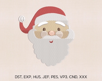 Puede incluir: Bordado de la cara de Papá Noel con gorro rojo, barba blanca y mejillas rosadas. El diseño presenta el aspecto clásico de Papá Noel, perfecto para proyectos temáticos navideños. La imagen incluye el texto: DST, EXP, HUS, JEF, PES, VP3, CND, XXX.