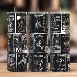 May include: Three black and white tumblers with rodeo-themed designs. Each tumbler features vintage-style graphics and text, including rodeo posters and cowboy illustrations. The tumblers have clear straws.
