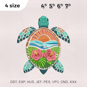 Puede incluir: Diseño de bordado de tortuga marina con escena de puesta de sol, flores de hibisco y hojas tropicales. Disponible en tamaños de 10.16 cm, 12.7 cm, 15.24 cm y 17.78 cm. Incluye formatos DST, EXP, HUS, JEF, PES, VP3, CND, XXX.