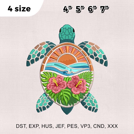 4 Sizes Floral Turtle Embroidery Design, Sea Animal Embroidery Design, Sea Turtle Pes File, Embroidery Machines File