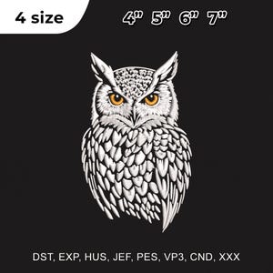 May include: White owl embroidery design with orange eyes and detailed feather patterns. The design is set against a black background and includes the text "4 size" and size measurements of 4", 5", 6", and 7".