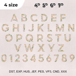 Può includere: Ricami floreali dell'alfabeto e dei numeri. Le lettere e i numeri sono riempiti di fiori colorati e foglie verdi. L'immagine mostra le lettere dalla A alla Z e i numeri da 0 a 9. Il testo "4 size" e le dimensioni 10 cm, 13 cm, 15 cm e 18 cm sono visibili.