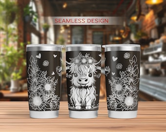 Highland Cow Tumbler Laser Svg, Cow Sunflower 20oz Tumbler Full Wrap Laser Svg,Laser Engraved Svg, Tumbler Laser File, Laser Svg For Tumbler