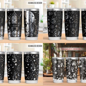 Pu&ograve; includere: Una collezione di dodici bicchieri in acciaio inossidabile con quattro distinti design continui su sfondo nero, decorati con illustrazioni bianche di fantasmi, case infestate, zucche, ragnatele, stivali da cowboy e vari motivi di Halloween.