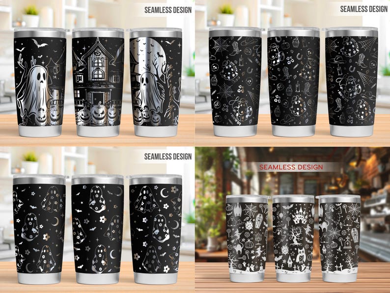 Pu&ograve; includere: Una collezione di dodici bicchieri in acciaio inossidabile con quattro distinti design continui su sfondo nero, decorati con illustrazioni bianche di fantasmi, case infestate, zucche, ragnatele, stivali da cowboy e vari motivi di Halloween.