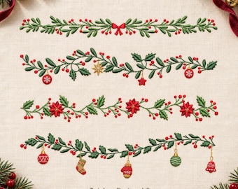 May include: Four horizontal embroidery designs on light beige fabric featuring green holly leaves, red berries, and Christmas ornaments including a red bow, stars, baubles, poinsettias, a stocking, a mitten, and a bell. Text reads Rainbow Designed Co.