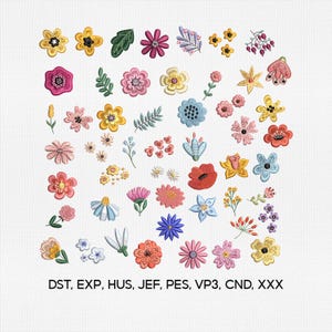 May include: A collection of various embroidered floral and botanical motifs in shades of yellow, pink, red, blue, and green. The design includes individual flowers, leaves, and sprigs. Text at the bottom reads: DST, EXP, HUS, JEF, PES, VP3, CND, XXX.