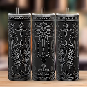 May include: Three black insulated tumblers with silver-colored decorative stitching. The design features floral and geometric patterns. Each tumbler has a clear straw. The tumblers are cylindrical and appear to be made of stainless steel.