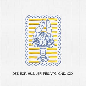 May include: A blue and yellow embroidered lobster design. The lobster is outlined in blue, set against yellow horizontal stripes, and framed by a scalloped blue border. The image includes text at the bottom: DST, EXP, HUS, JEF, PES, VP3, CND, XXX.