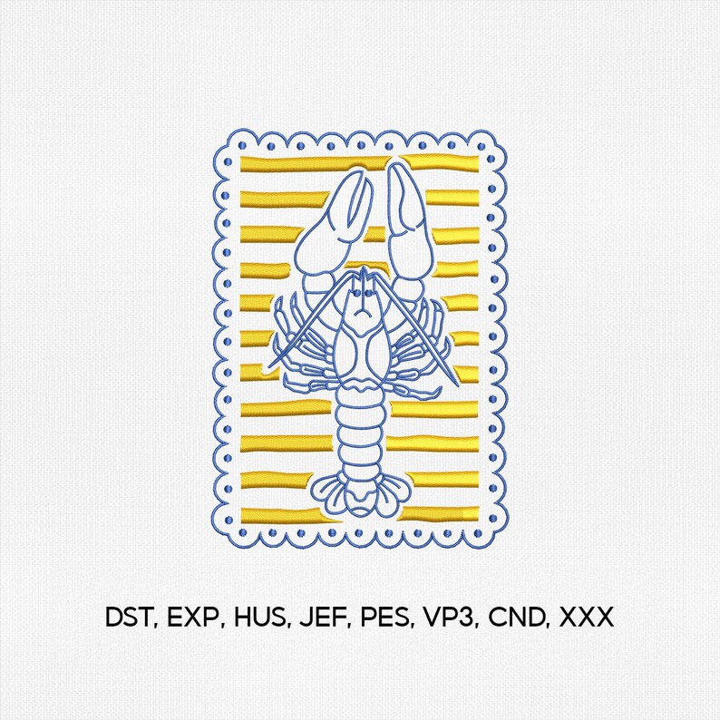 May include: A blue and yellow embroidered lobster design. The lobster is outlined in blue, set against yellow horizontal stripes, and framed by a scalloped blue border. The image includes text at the bottom: DST, EXP, HUS, JEF, PES, VP3, CND, XXX.