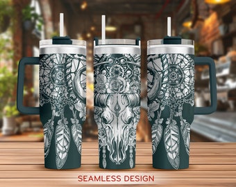 Boho Bull Skull Tumbler Laser svg, Kuhschädel 40oz Tumbler Full Wrap Laser svg, Western Laser gravierte svg, Laser svg für Becher