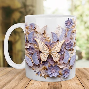 Purple Butterfly Mug Wrap, 3D Butterfly Mug Design, 11oz Mug & 15oz Mug Sublimation Wrap, Digital Download