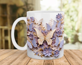 Purple Butterfly Mug Wrap, 3D Butterfly Mug Design, 11oz Mug & 15oz Mug Sublimation Wrap, Digital Download