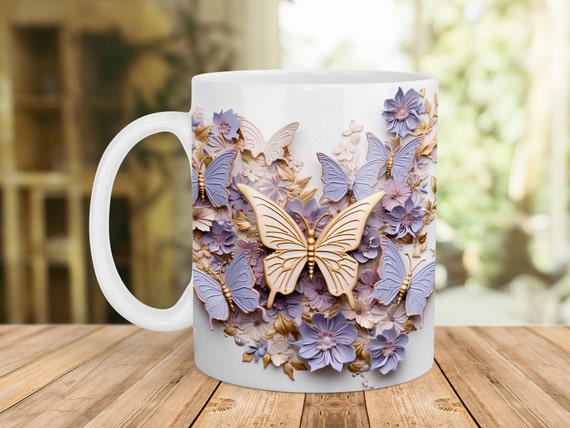 Purple Butterfly Mug Wrap, 3D Butterfly Mug Design, 11oz Mug & 15oz Mug Sublimation Wrap, Digital Download