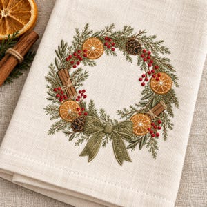 May include: A beige linen napkin featuring an embroidered wreath design. The wreath consists of green pine branches, red berries, brown pinecones, orange citrus slices, and cinnamon sticks, finished with a large olive green fabric bow.