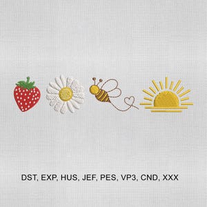 May include: Embroidered design featuring a red strawberry, white daisy with yellow center, a striped bee with heart, and a yellow sun. The design is on a white fabric. Text at the bottom reads: DST, EXP, HUS, JEF, PES, VP3, CND, XXX.