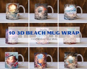 10 Designs 3D Beach Landscape Mug Wrap, Beach Mug Design, 3D Mug Bundle, 11oz Mug & 15oz Mug Sublimation Wrap, Digital Download