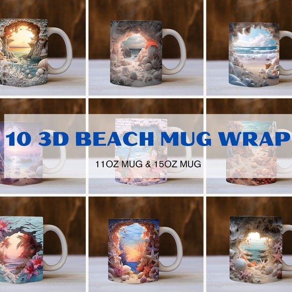 10 Designs 3D Beach Landscape Mug Wrap, Beach Mug Design, 3D Mug Bundle, 11oz Mug & 15oz Mug Sublimation Wrap, Digital Download