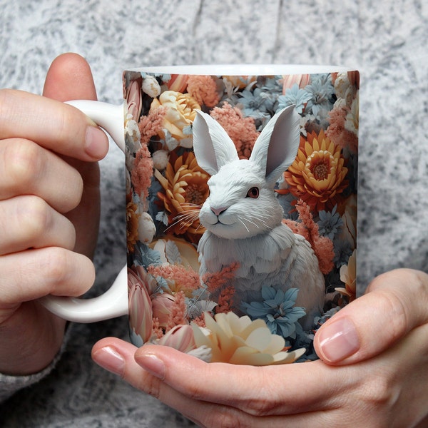 3D Rabbit Flower Mug, Bunny Mug Design, 3D Mug PNG, 11oz Mug & 15oz Mug Sublimation Wrap, Digital Download