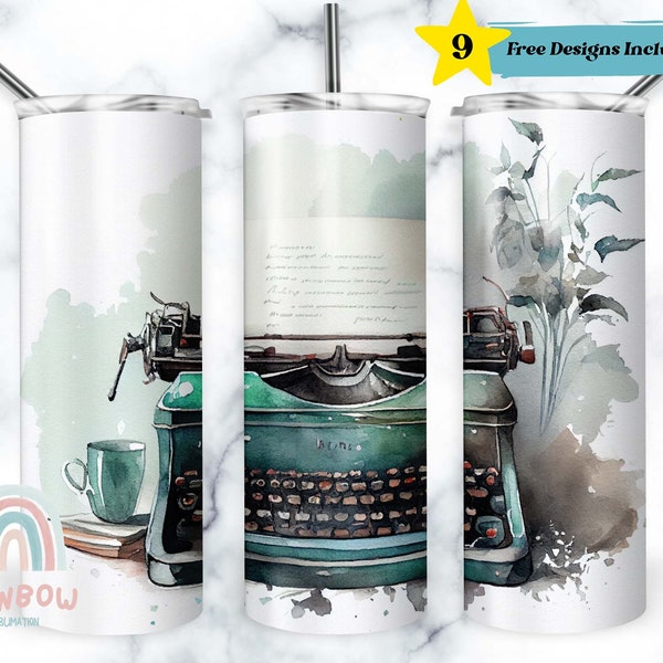 Watercolor Typewriter Tumbler Wrap, Retro Typewriter Tumbler Design, Sublimation Tumbler Design Download - Skinny 20oz Tumbler Wrap