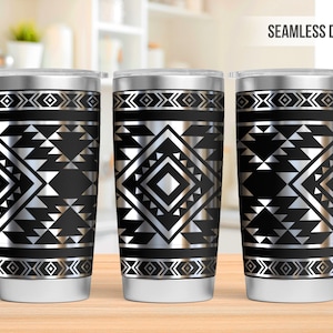 May include: Three stainless steel tumblers featuring a black and silver geometric pattern. The pattern is a repeating design of triangles and squares. The tumblers are all the same size and shape.