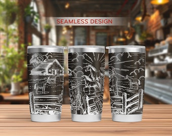 May include: Three stainless steel tumblers with a black background and white line drawings of horses, a farmhouse, and a cowboy. The tumblers are labeled "Seamless Design".