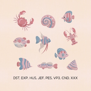 May include: Embroidered sea creatures in pink and blue, featuring a crab, fish, a seashell, and a lobster. The whimsical designs are ideal for nautical-themed crafts or decor. The image includes the text "DST, EXP, HUS, JEF, PES, VP3, CND, XXX".