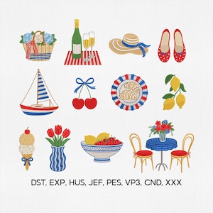French Riviera Summer Icons Embroidery Design Bundle, Lemon Ice Cream Sailboat Croissants Hydrangea Tulip Embroidery Design, Summer Pes File