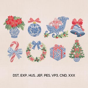 May include: An embroidery design set featuring eight Christmas motifs: a poinsettia in a blue and white vase, a blue patterned ornament, a sleigh with gifts, two bells with a red bow, a candy cane, a wreath, a gift box, and a tree. Text: DST, EXP, HUS, JEF, PES, VP3, CND, XXX.