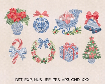 8 Grandmillennial Christmas Icons Embroidery Design Bundle, Christmas Embroidery Design, Xmas Pes File, Chinoiserie Xmas Embroidery File