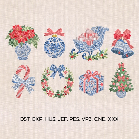 8 Grandmillennial Christmas Icons Embroidery Design Bundle, Christmas Embroidery Design, Xmas Pes File, Chinoiserie Xmas Embroidery File