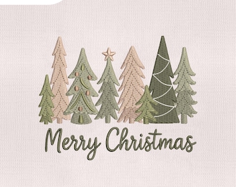 May include: An embroidered design featuring a row of stylized Christmas trees in shades of green and tan, with a star on top of one. The words "Merry Christmas" are written below the trees. Sizes available: 4", 5", 6", and 7".
