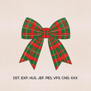 May include: A festive bow design featuring a red and green plaid pattern. The bow has a classic shape with two loops and two long tails. The design is set against a neutral background. The text "DST, EXP, HUS, JEF, PES, VP3, CND, XXX" is at the bottom.