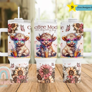 Coffee Mode 40oz Tumbler Wrap, Coffee 40oz Tumbler Wrap, Highland Cow 40oz Tumbler Design, Sublimation Design, Digital Downloads