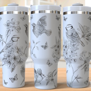 Heirloom Birds Tumbler Laser Svg, Vintage Flowers 40oz Tumbler Full Wrap Laser Svg, Laser Engraved Svg, Laser Svg For Tumbler