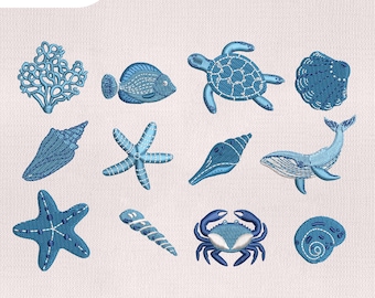12 Mini Blue Sea Animals Embroidery Design, Sea Animals Embroidery Design, Embroidery Design Bundle, Embroidery Machines File