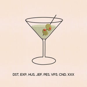 May include: An embroidered martini glass with two olives on a toothpick. The glass is outlined in black, with a light green fill and a beige background. The text "DST, EXP, HUS, JEF, PES, VP3, CND, XXX" is at the bottom.