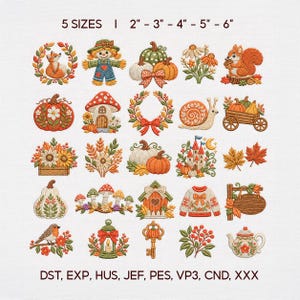 May include: A collection of twenty-five autumn-themed machine embroidery designs featuring pumpkins, a scarecrow, a fox, a squirrel, a snail, a castle, a teapot, and foliage. Text at the top reads 5 SIZES | 2" - 3" - 4" - 5" - 6". File formats listed at the bottom.