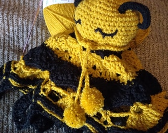 Black and yellow bee doll in handmade crochet wool